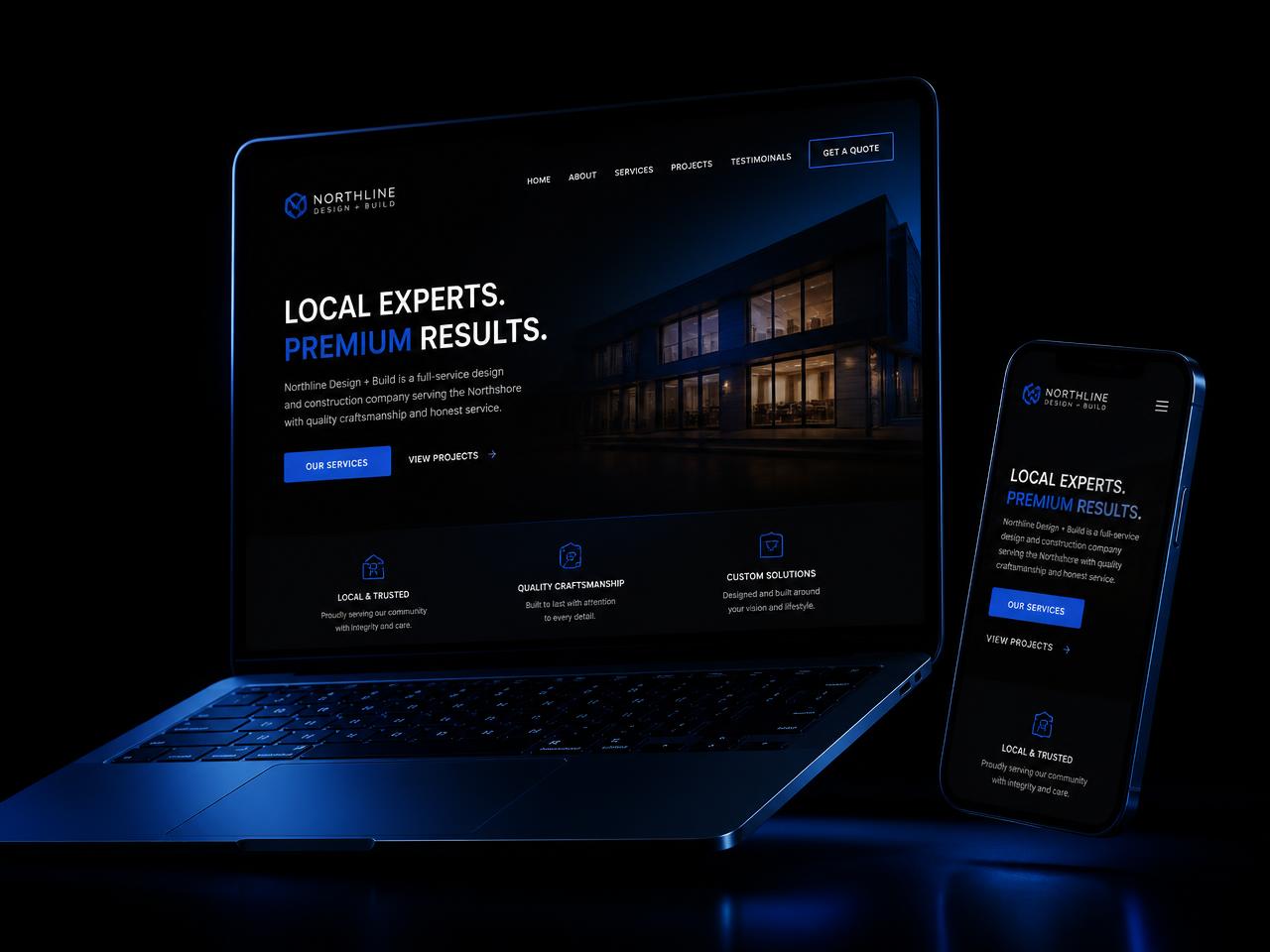 A modern local business website shown on a laptop and phone